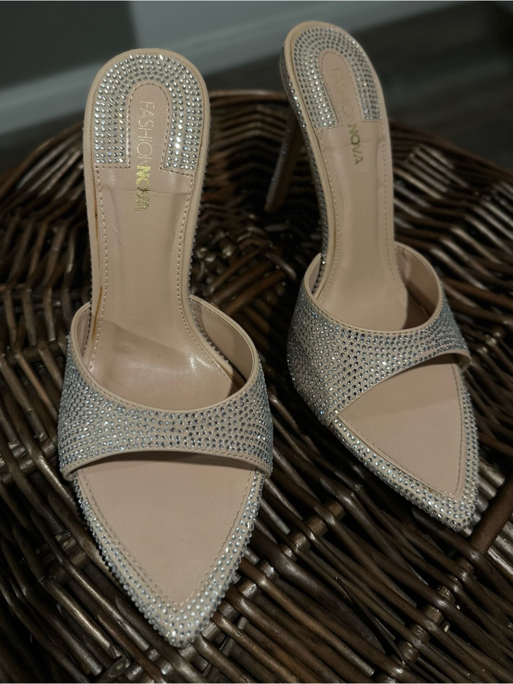 Fashion Nova Nude Rhinestone-Embellished Pointed Mule Heels